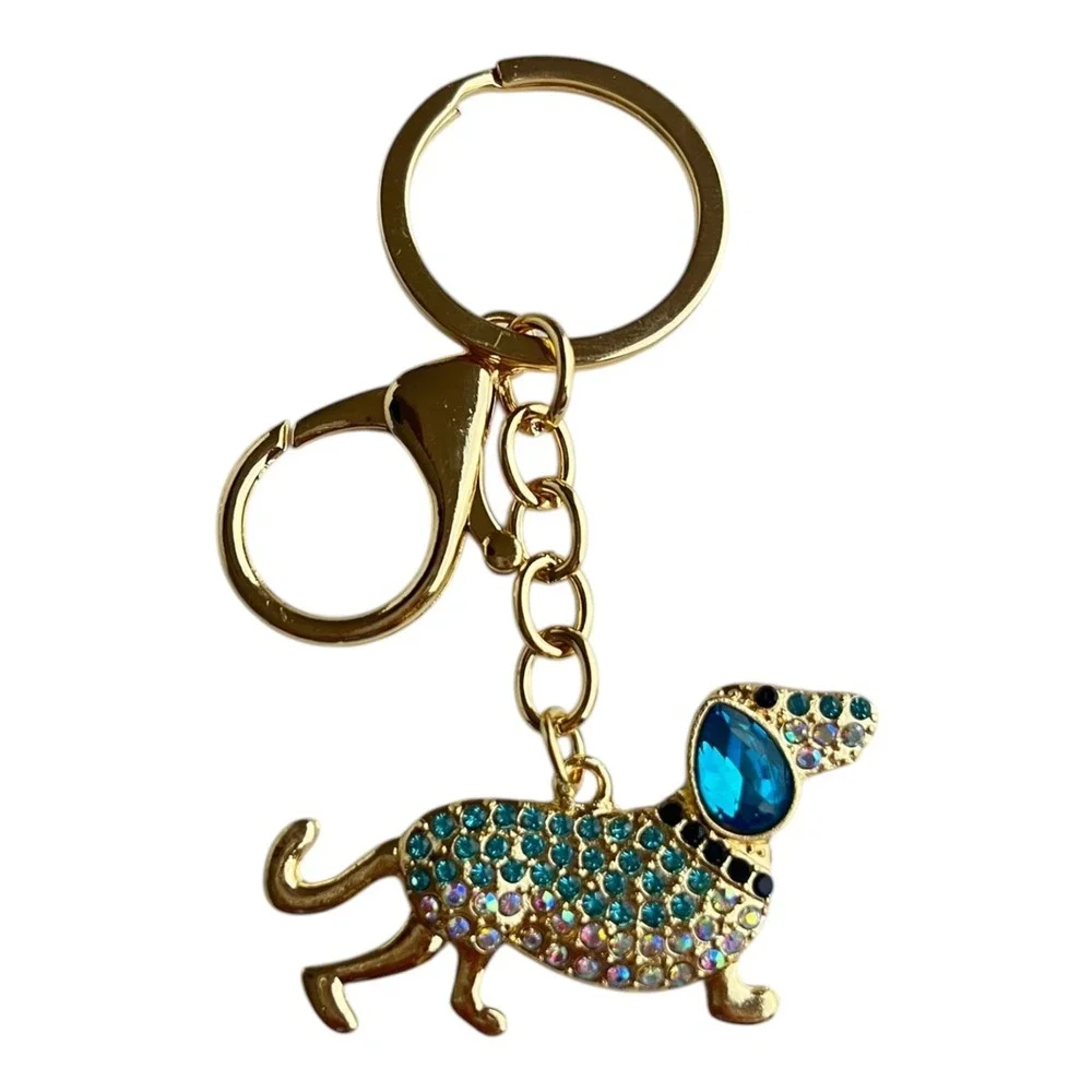 Women's Key Chain Gold Tone Blue Multicolor Rhinestone Dachshund Dog 4